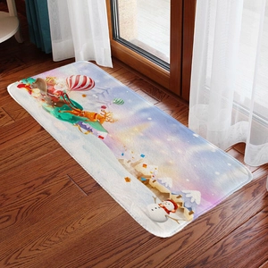 Detail of soft flannel Christmas rug with reindeer and Santa Claus print on wooden floor