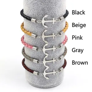 Adjustable anchor charm bracelets in woven leather cord with five diverse colors