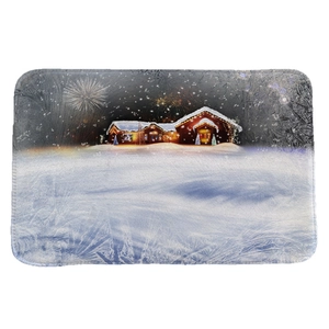 Winter snow scene Christmas flannel absorbent floor mat with glowing cabin and fireworks