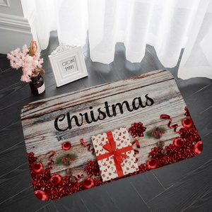 Detailed view of rectangular Christmas doormat with wood texture and festive decorations