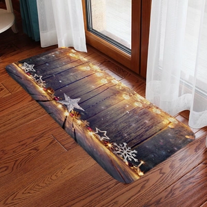 Detailed view of a festive flannel floor mat with star and light patterns on a wood floor