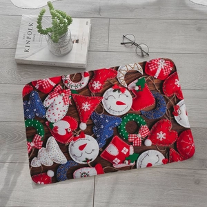 Christmas flannel absorbent door mat with festive snowman and tree prints on wood texture