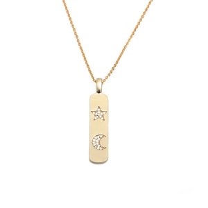 Gold star and moon rectangle pendant necklace with micro-pave cubic zirconia crystals