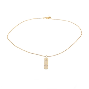 Gold necklace with rectangular pendant featuring a sparkling lightning bolt and rainbow design