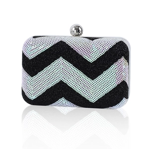 Elegant sequin evening clutch bag with rainbow wave pattern and silver metal ball clasp