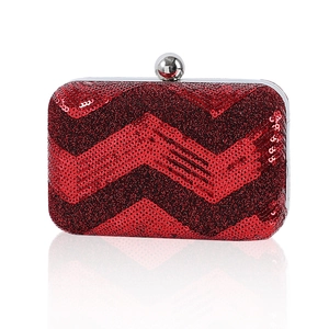 Chic red sequin clutch evening bag with silver circular clasp and chevron pattern