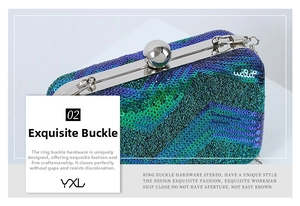 Detail of glitter sequins clutch with V-shaped pattern and silver round bead metal clasp