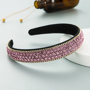 Cerchietto rosa con strass, cristalli dorati e fodera in velluto nero per acconciature