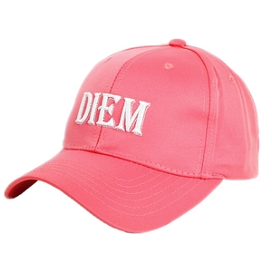 Pink cotton baseball cap with white DIEM letter embroidery and curved brim for summer