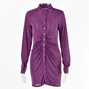 Detailed front view of purple long sleeve dress with button-up collar and waist pleats