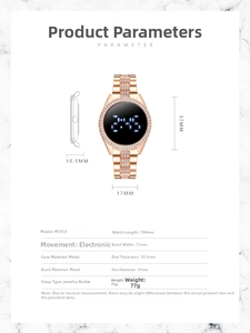 Detailed specs of rose gold digital watch with crystal rhinestones and blue LED display