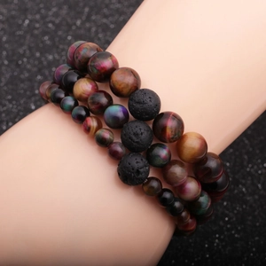 Natural Tiger Eye Stone And Lava Rock Beaded Bracelet For Men Elastic Handmade Ethnic Spiritual Jewelry Gift