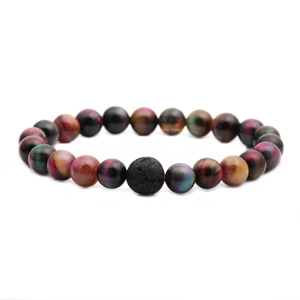 Men's natural tiger eye and black lava stone beaded bracelet on white background