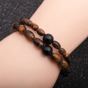 Tiger Eye Stone Beaded Bracelet Natural Oval Beads Handmade Stretch Elastic Jewelry Gift For Men Women