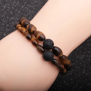 Natural Tiger Eye And Volcanic Lava Stone Beaded Bracelet For Men Handmade Elastic Healing Energy Jewelry Vintage
