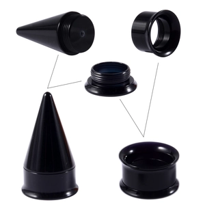 Black acrylic taper ear stretcher set showing assembly components and sleek finish