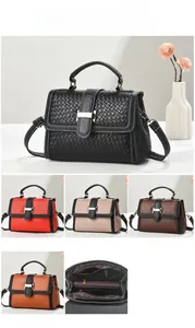 Detail view of woven leather handbag showing dimensions and multi-color options available