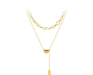Close-up of gold layered necklace featuring a thick chain and geometric pendant