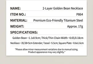 Detailed size chart for layered gold bean necklace showing chain lengths and weight info