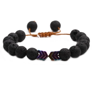Men's lava stone arrow beaded bracelet with adjustable brown cord and iridescent beads