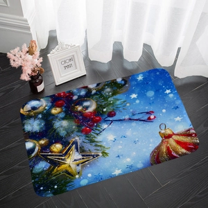 Blue Christmas flannel doormat with snowflake and berry patterns on dark wooden floor