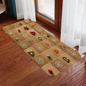 Detailed view of long Christmas floor mat with festive wood grain pattern and holiday motifs