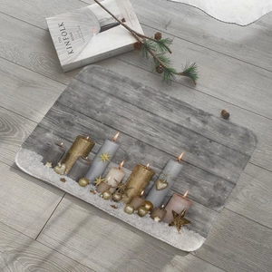 Detail of Christmas flannel floor mat featuring digital candle print on wood floor