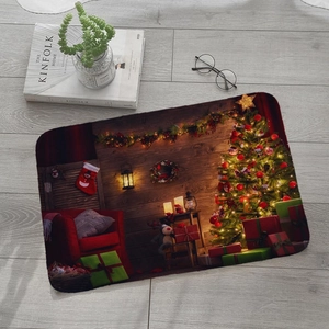 Absorbent flannel Christmas doormat with festive fireplace and tree print on wood floor
