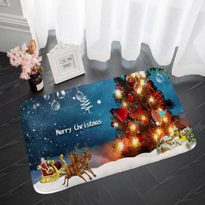 Detailed Christmas flannel mat with Santa and reindeer on a rustic wood floor
