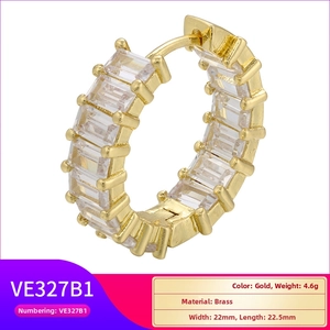 Detail view of 22mm gold-plated brass hoop earrings with micro-pave rectangular zircons