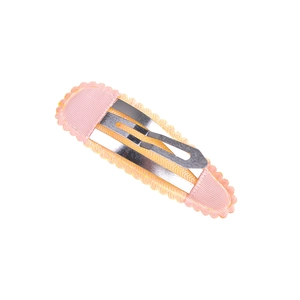 Pink candy-colored BB hair clip with orange scalloped lace trim and silver metal base