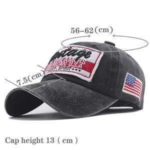 Washed dark grey cotton baseball cap with vintage American embroidery and USA flag patch