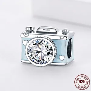 S925 Sterling Silver Camera Charm with Blue Enamel Heart and Sparkling Zircon Stone