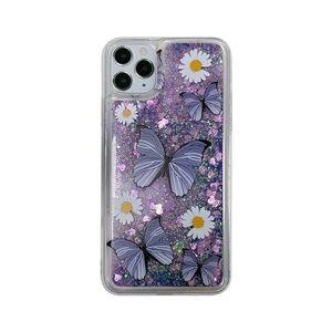 Purple butterfly and white daisy liquid quicksand glitter case for iPhone 13 and 12