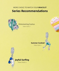 S925 silver charms including a cactus, summer cocktail glass, and Surf surfboard