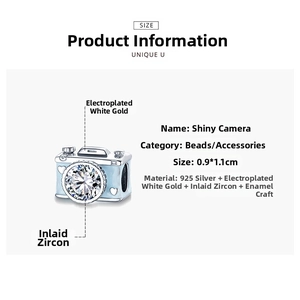 Detailed size chart for 925 sterling silver camera bead with blue enamel and zircon