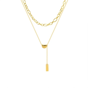 Double-layered gold chain necklace with square pendant and slider in minimalist style