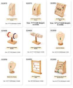 Macro detail of wooden jewelry display stands with beige microfiber and dimensions