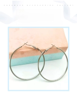 Detailed view of silver round wire hoop earrings with lever back closure on display