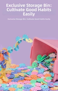 Colorful alphabet snowflake building blocks with a pink storage bucket for toddlers