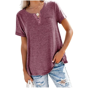 Detail of V-neck Henley shirt showing three-button placket and decorative chest pocket