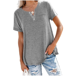 Detail of grey short sleeve V-neck t-shirt with Henley button collar and chest pocket