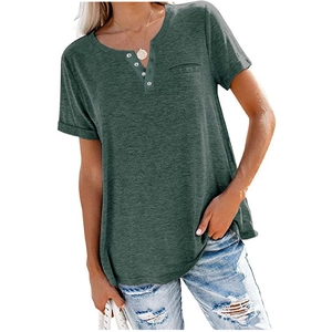 Detail of Heather Green V-neck Henley shirt with chest pocket and rolled short sleeves