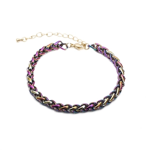 Rainbow punk wheat chain bracelet in colorful woven metal with lobster clasp and extension