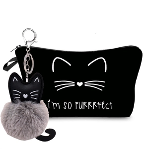 Schwarze Kosmetiktasche mit Katzenprint und flauschigem Bommel-Schlüsselanhänger