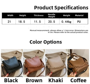 Detailed size chart and multi-color specifications for the PU leather bucket handbag