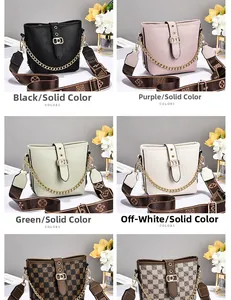 Sei borse a secchiello alla moda in colori uniti e motivi a scacchi con catene dorate