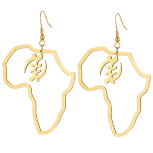 Golden African map Adinkra Gye Nyame earrings in polished stainless steel for women