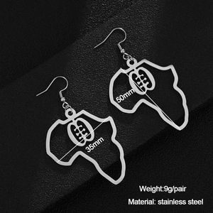 Detail view of African map earrings in stainless steel with Adinkra Gye Nyame symbol