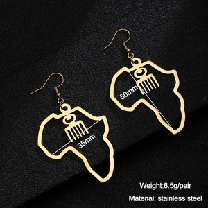 Detail showing 35mm by 50mm dimensions and 8.5g weight of gold African map earrings